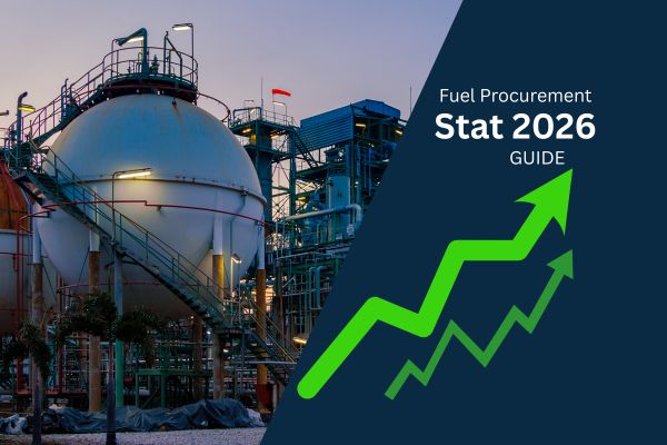 Fuel procurement and industrial energy storage facility with upward trending growth arrows representing cost savings and market optimization strategies for 2026