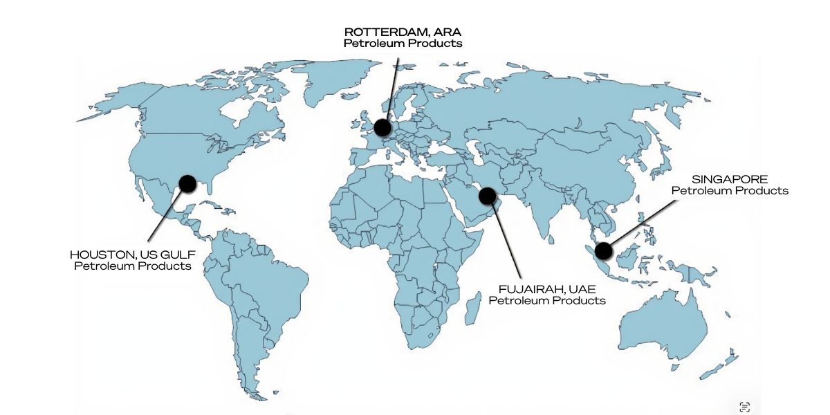 World map highlighting major global petroleum trading hubs including Houston, Rotterdam, Fujairah, and Singapore.