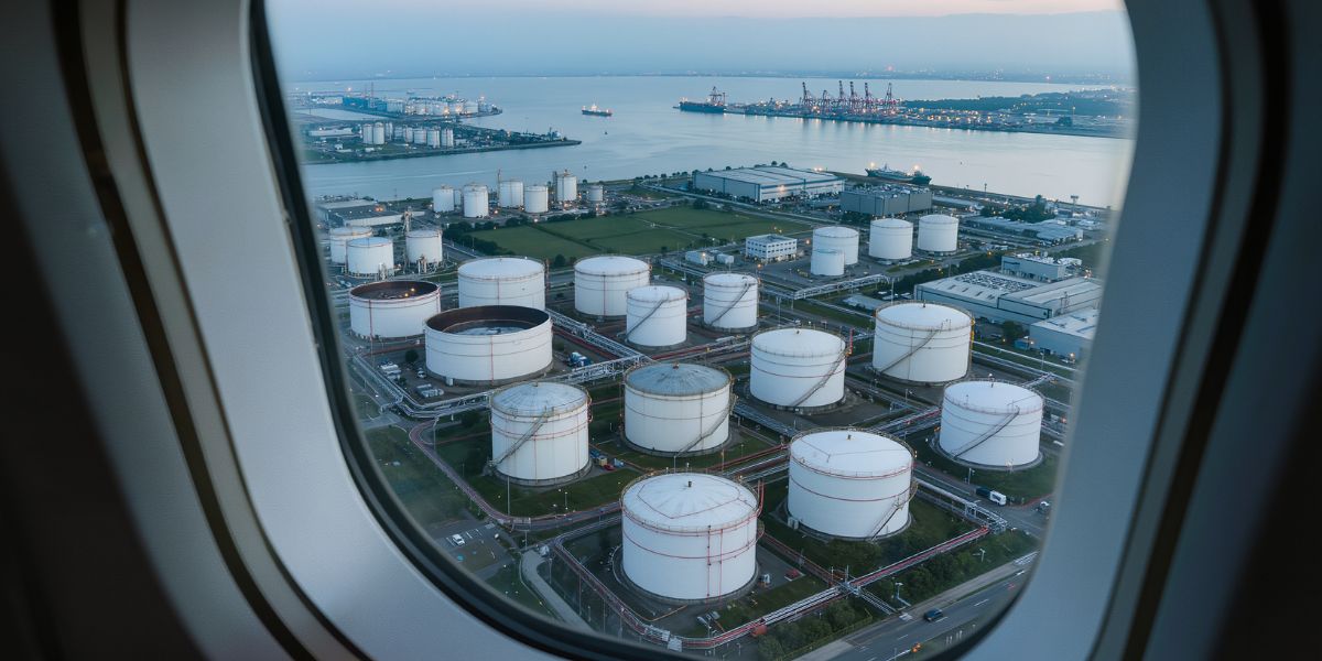 Aerial view through an airplane window overlooking a large petroleum storage terminal with fuel tanks, pipelines, port infrastructure, and shipping facilities along a coastal industrial hub.