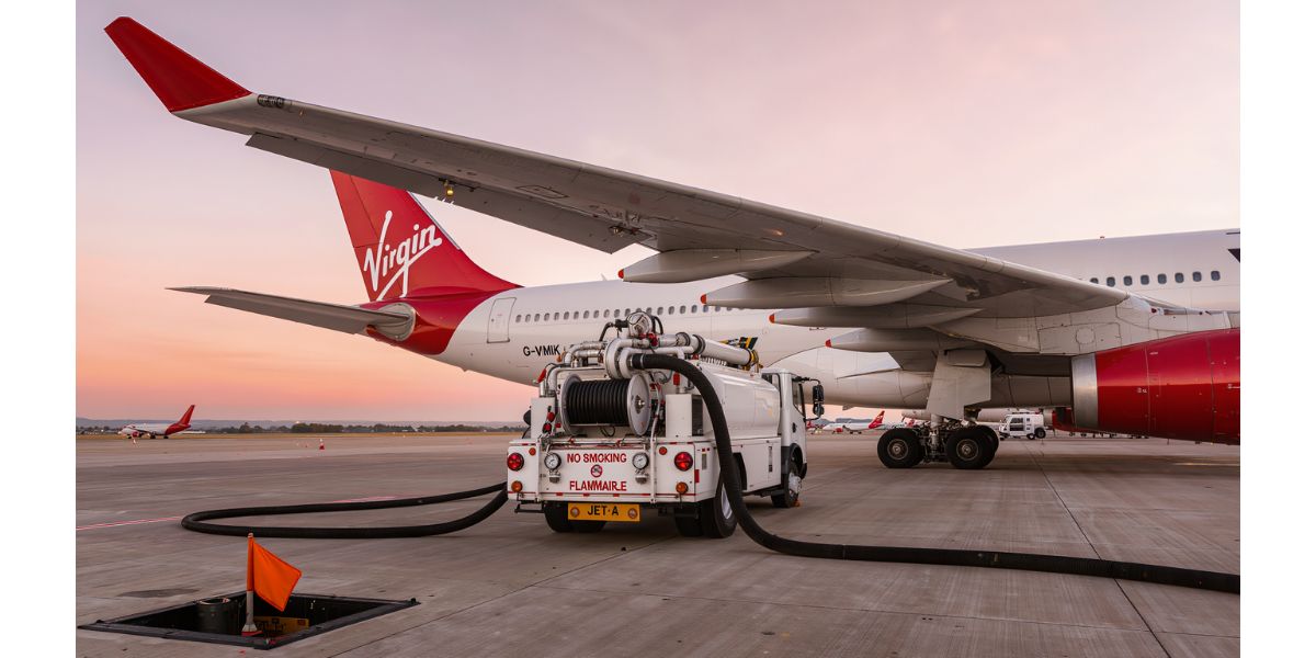 Jet fuel tanker truck refueling a commercial passenger aircraft on the airport tarmac during sunset, highlighting aviation fuel logistics and ground support operations.