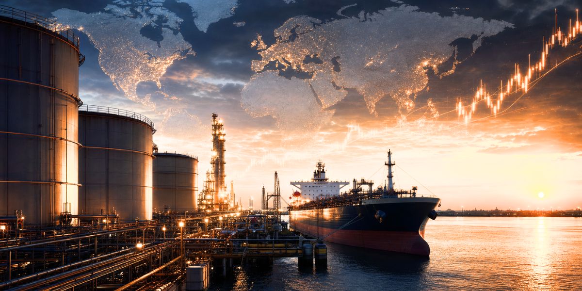Large crude oil storage tanks, an oil tanker docked at a marine terminal, and refinery infrastructure at sunset with a glowing world map and rising financial market chart overlay, symbolizing global diesel supply, energy trading, and fuel market volatility.