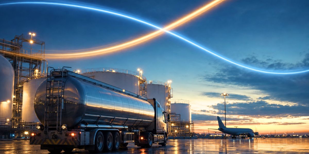 Diesel fuel tanker truck at an industrial terminal at dusk with amber and blue price-trend lines crossing overhead, illustrating diesel prices overtaking jet fuel
